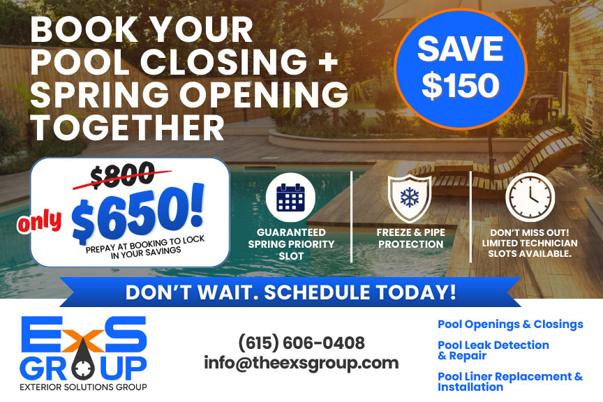 ExS Group Pool Opening and Closing Special Offer Postcard Mailer. $650. Save $150 dollars when booked together.